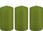 3x Olijfgroene cilinderkaarsen/stompkaarsen 6 x 12 cm 40 branduren - Geurloze kaarsen olijf groen - Woondecoraties