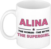Naam cadeau Alina - The woman, The myth the supergirl koffie mok / beker 300 ml - naam/namen mokken - Cadeau voor o.a verjaardag/ moederdag/ pensioen/ geslaagd/ bedankt