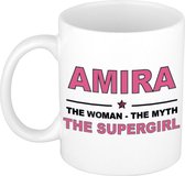 Naam cadeau Amira - The woman, The myth the supergirl koffie mok / beker 300 ml - naam/namen mokken - Cadeau voor o.a verjaardag/ moederdag/ pensioen/ geslaagd/ bedankt