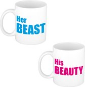 Her beast en his beauty cadeau koffiemok / theebeker wit met blauwe en roze letters - 300 ml - keramiek - bruiloft / huwelijk / jubileum â€“ cadeaumokken / geschenkmokken voor koppels