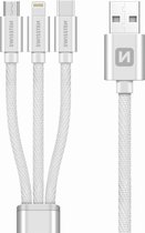 Swissten 3 in 1 kabel - Micro USB / USB-C / Lightning kabel voor o.a. iPhone & Samsung - Gecertificeerd door Apple - 1.2M - Zilver