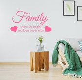 Muursticker Family Where Life Begins And Love Never Ends -  Roze -  60 x 30 cm  -  engelse teksten  woonkamer  alle - Muursticker4Sale