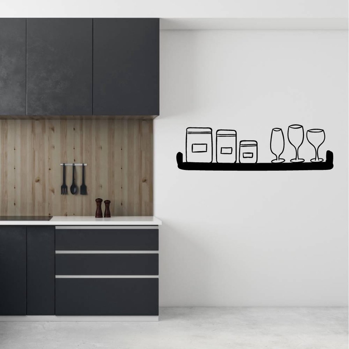 Muursticker plank met potten en wijnglazen - Lichtbruin - 80 x 23 cm keuken
