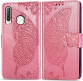 Butterfly Love Flowers Embossing Horizontale Flip Leather Case voor Huawei P30 Lite / Nova 4e, met houder & kaartsleuven & portemonnee & lanyard (roze)