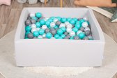 Ballenbak vierkant - grijs - 90x90x30 cm - met 150 wit, grijs en turquoise ballen