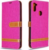 Voor Galaxy A11 Kleuraanpassing Denim Texture Horizontaal Flip Leather Case met houder & kaartsleuven & Wallet & Lanyard (Rose Red)