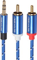 REXLIS 3610 3,5 mm mannelijke naar dubbele RCA vergulde plug blauw katoen gevlochten audiokabel voor RCA-ingang actieve luidspreker, lengte: 1,8 m