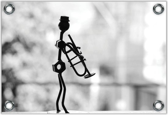 Tuinposter –Silhouet van Trompet Poppetje Zwart - Wit– 150x100 Foto op Tuinposter (wanddecoratie voor buiten en binnen)
