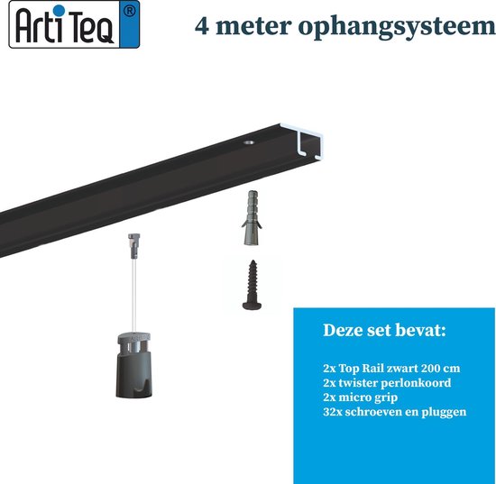 Système de suspension de tableau-Artiteq-système de suspension au plafond-système de suspension noir-4 mètres (y compris les crochets et cordons) 9.6830S