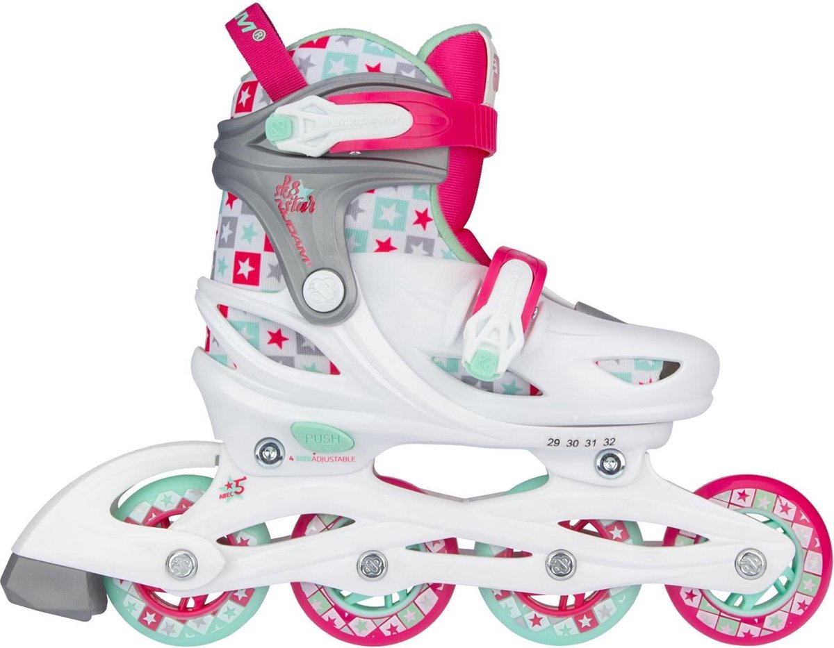 Nijdam Inline Skates Verstelbaar - Sk8 Star - Wit/Fuchsia/Mintgroen/Zilvergrijs - 29-32
