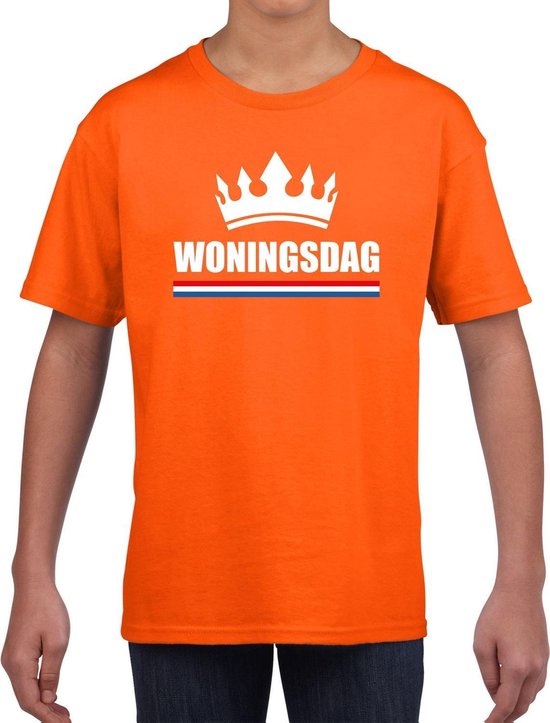 Koningsdag t-shirt Woningsdag met witte kroon voor jongens en meisjes - oranje - Woningsdag - thuisblijvers / Kingsday thuis vieren 146/152