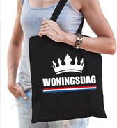 Woningsdag / katoenen tas zwart met  kroon voor dames - Koningsdag - thuisblijvers / Kingsday thuis vieren - tasje / shopper voor dames