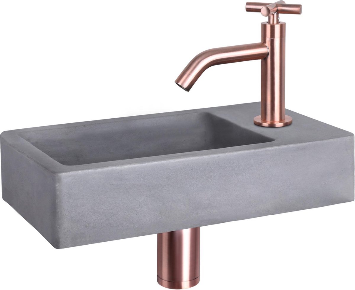Differnz Force Fonteinset - Beton donkergrijs - Kraan kruis rood koper - 40 x 22 x 8 cm