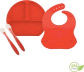 4-delig Baby en Kinderserviesset – Eetset - Siliconen Slab Met Opvangbak – Vakjesbord Met Zuignap – Soft Tip lepel (2stuks) – 100% BPA vrij.