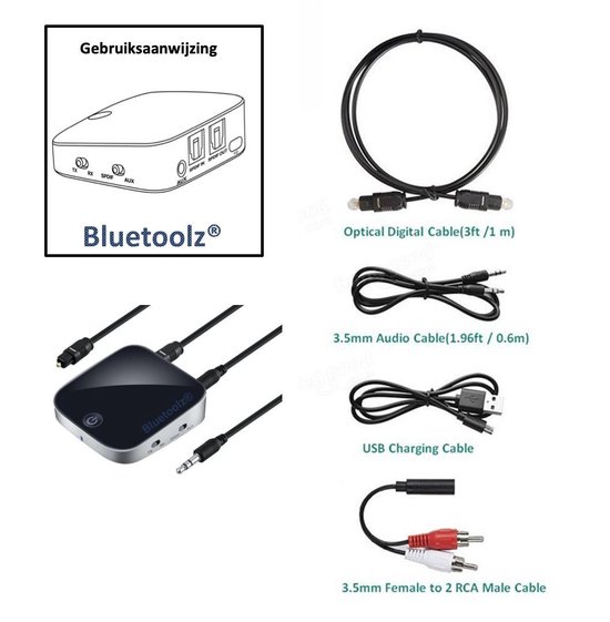 Bluetoolz® | BT-3753 | Aptx® High Res Audio Bluetooth 5.0 ontvanger - zender | Geen tot zeer geringe vertraging | 2 jr garantie! | Gratis helpdesk | Incl. alle kabels - Bluetooth Receiver - Bluetooth Transmitter - 3.5MM Aux - optical in en out — afbeelding 4