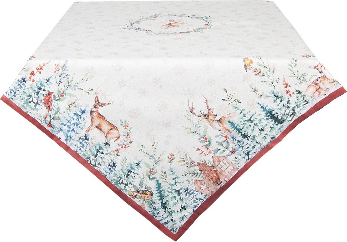 Clayre & Eef Tafelkleed 100x100 cm Wit Rood Katoen Vierkant Hert Tafellaken