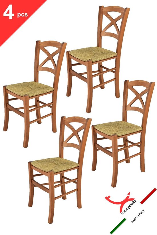 Tommychairs Cross - Eetkamerstoelen - Set van 4 - Kersenhout - Rotan