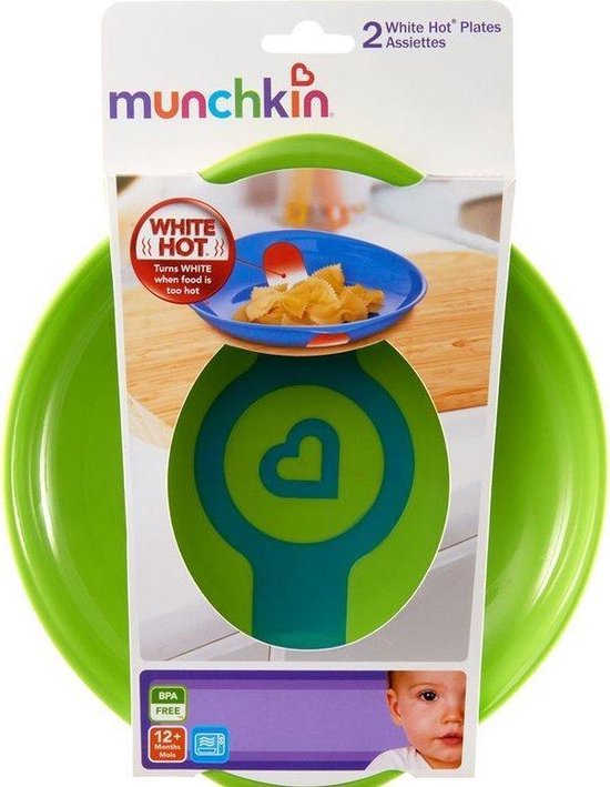 Verpakking van twee Munchkin White Hot bordjes, groen met blauwe en oranje accenten.