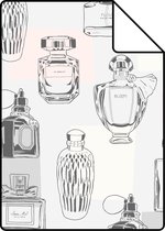 Proefstaal ESTAhome behang parfum flesjes lila paars, licht perzikroze, grijs en wit - 138856 - 26,5 x 21 cm
