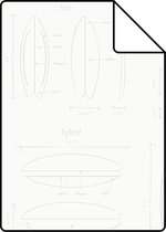 Proefstaal ESTAhome behang technische tekeningen van surfplanken wit en zilver - 128869 - 26,5 x 21 cm