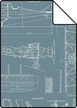 Proefstaal ESTAhome behangpapier constructietekeningen van vliegtuigen donker vintage blauw - 128809 - 26,5 x 21 cm