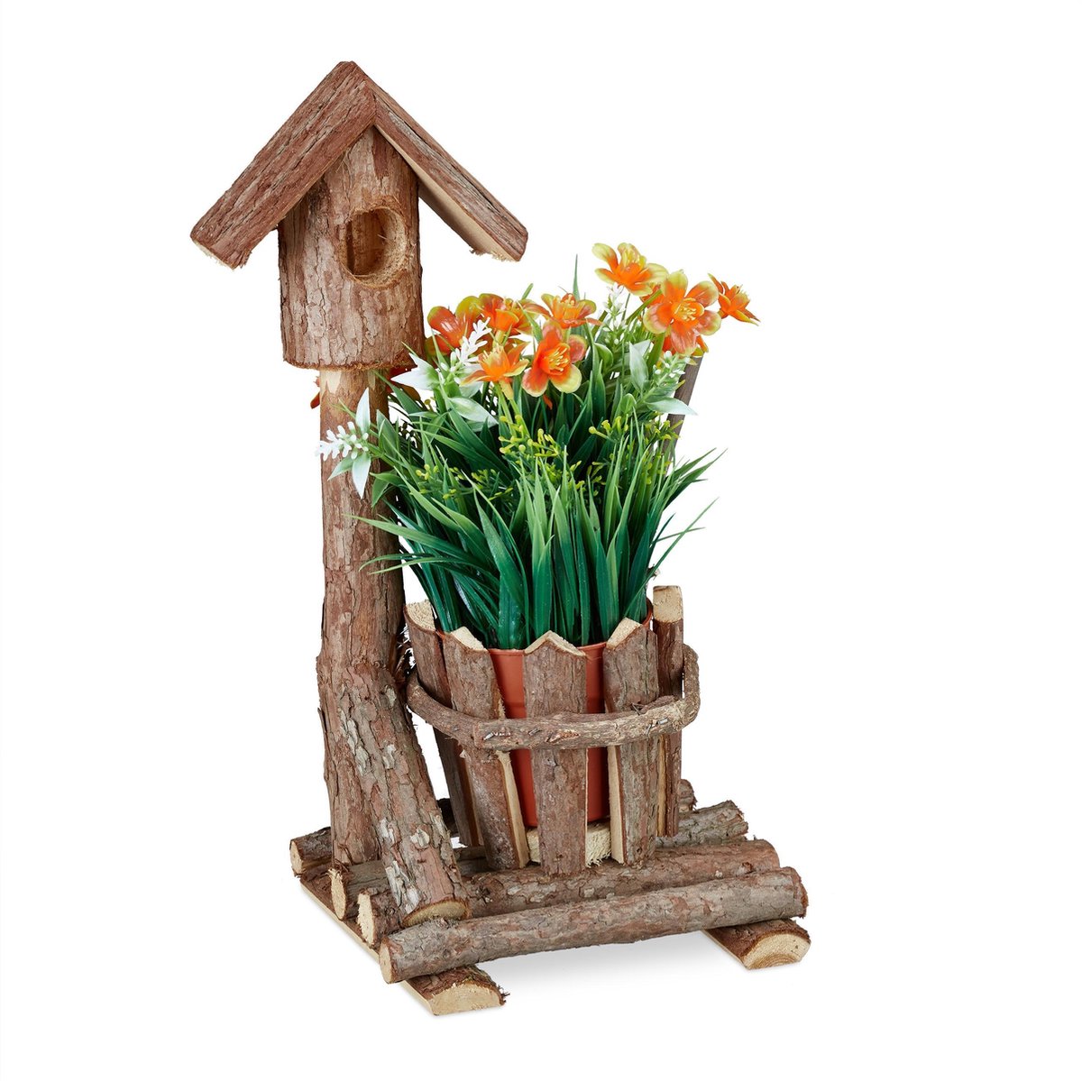 Relaxdays bloempot hout met vogelhuis houten sierpot plantenpot binnenpot boom