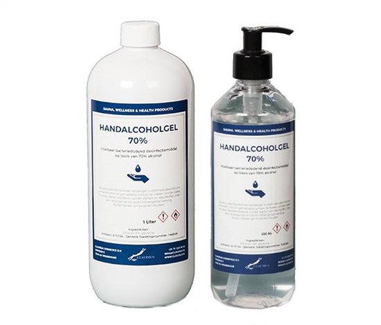 Desinfecterende handgel/alcogel 70%: 1 fles 500 ml met pompje + 1 liter |  bol.com
