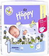 Bella Baby Happy Luiers Maat 1 Pasgeboren 2-5 kg ​- vochtindicator, Flexi Fit, premium kwaliteit luiers - 78stuks