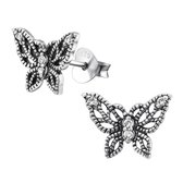 Joy|S - Zilveren vlinder oorbellen geoxideerd 11 x 8 mm