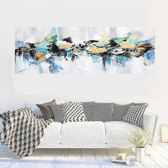 Allernieuwste Canvas Schilderij Blauw - Goud Abstracte Vormen 1 - Kunst - Poster - 50 x 150 cm - Kleur