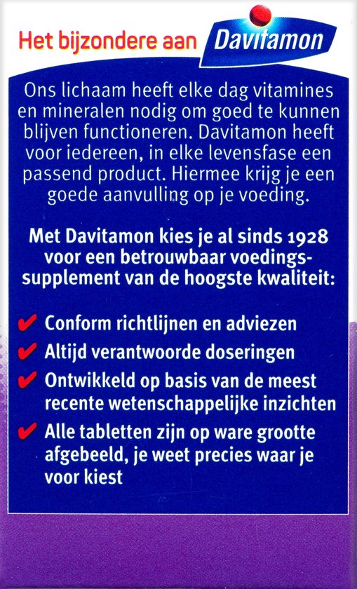 Achterkant van Davitamon Vitamine D 50+ verpakking met tekst.