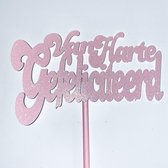 Taartdecoratie versiering| Taarttopper| Cake topper |Gefeliciteerd| Verjaardag| Licht roze glitter|14 cm| karton