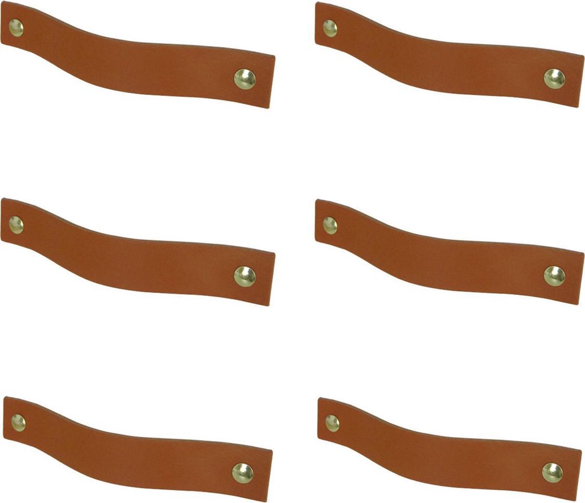 6x Leren handgrepen 'platte greep' - maat L (22,2 x 2,5 cm) - COGNAC - incl. 3 kleuren schroefjes (handgreepjes - leren grepen - greepjes - leren lusjes)