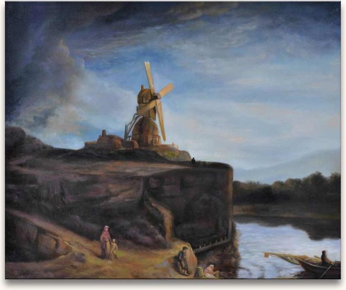 Grootmeesters ® Handgeschilderd schilderij Olieverf op Canvas - Rembrandt van Rijn 'Molen bij Gorkum' blauw