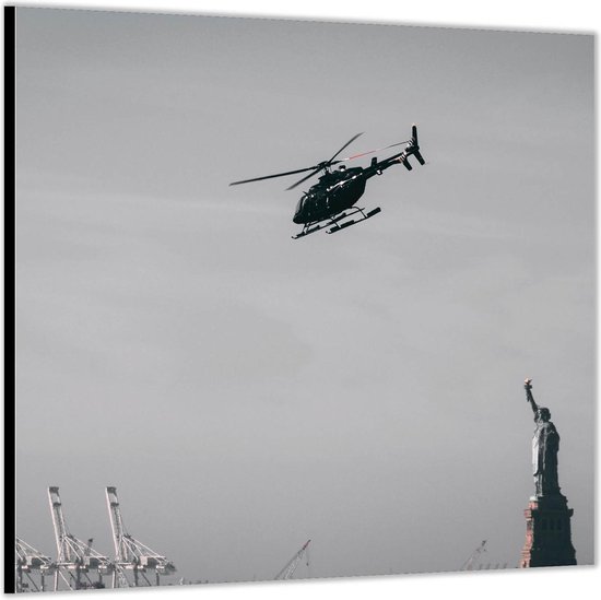 Dibond -Helikopter boven Vrijheidsbeeld- Foto op Aluminium (Met ophang)
