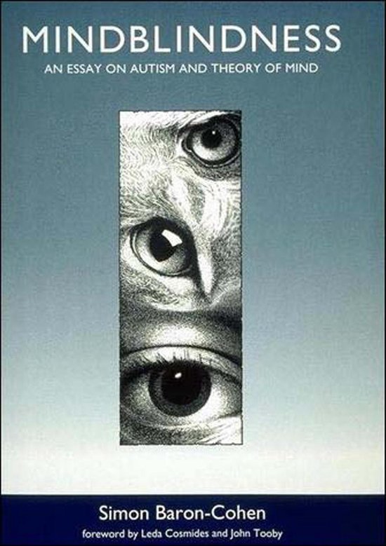Boek "Mindblindness" met de ondertitel "An Essay on Autism and Theory of Mind". De cover toont een zwart-witafbeelding van twee menselijke ogen en een kattenoog.