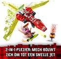Rood-witte mech en jet in actie met gele zwaarden, tekst over 2-in-1 speelplezier.