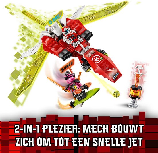 Rood-witte mech en jet in actie met gele zwaarden, tekst over 2-in-1 speelplezier.