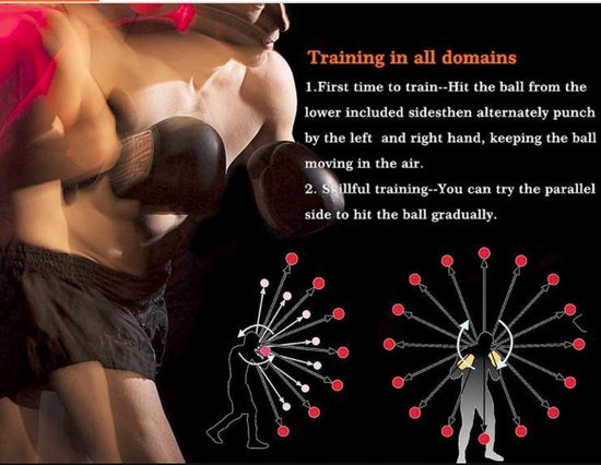Bokser in actie, met uitleg en diagrammen van trainingsbewegingen met de reflexbal.