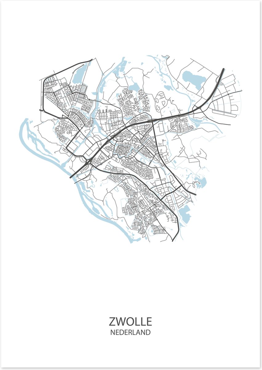 De Lange Koe Poster - Zwolle Plattegrond - 42 X 29.7 Cm - Wit