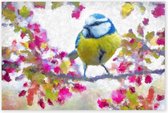 Graphic Message Tuin Schilderij op Outdoor Canvas - Koolmees Roze Bloemen - Vogel