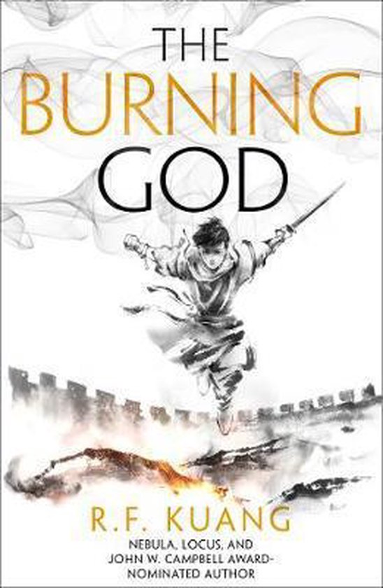 Boek "The Burning God" door R.F. Kuang, met een springende figuur met een zwaard en rook op de achtergrond.