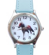 Paard- horloge -licht blauw- extra batterij- met leuke paard halsketting- 26 mm - leder bandje- Charme Bijoux