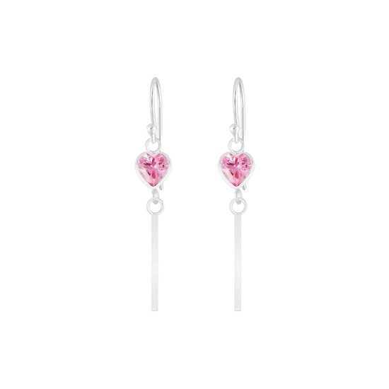 Joy|S - Zilveren hart oorbellen met bar (staaf) zirkonia roze oorhangers