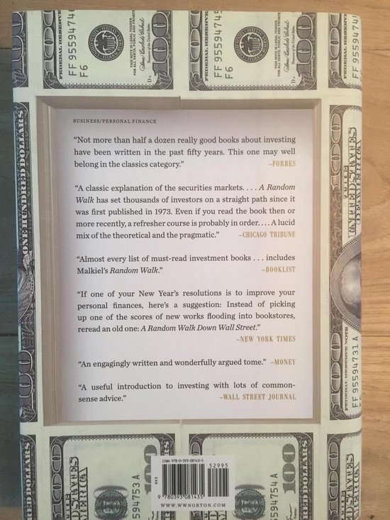 Boek "A Random Walk Down Wall Street" met dollar-opdruk. Tekst recensies.