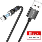 DrPhone LINI Series - Micro USB Magnetische kabel – 2.4A - Nylon Gevlochten 540° Graden L-Vorm & Recht Roterend - Zwart