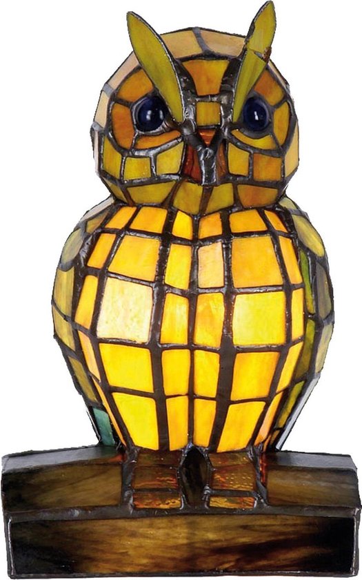 LumiLamp Tiffany Tafellamp Uil 15x12x22 cm Geel Glas Tiffany Lampen