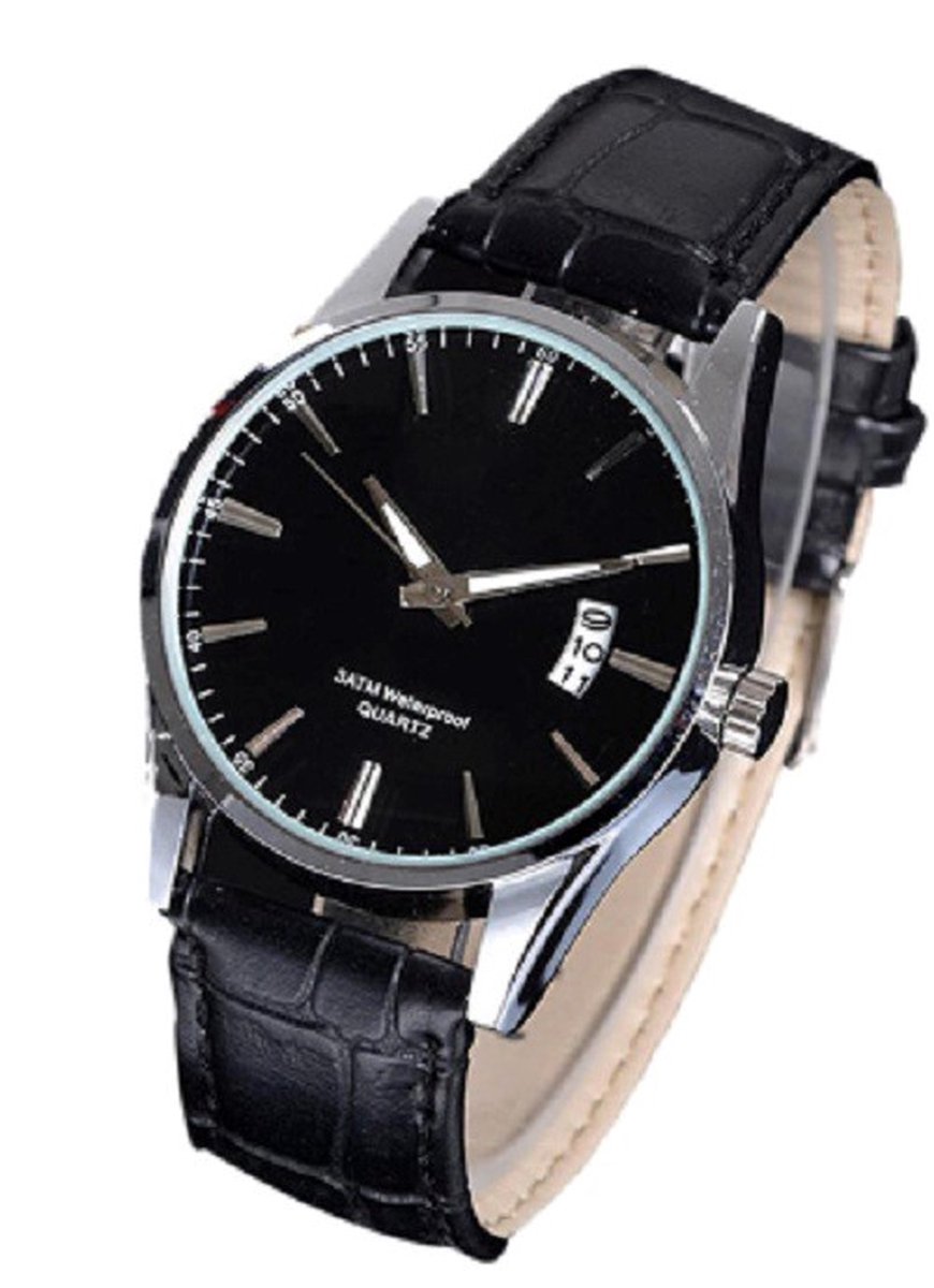 Stijlvol heren horloge - datumaanduiding - leren band - zwart-zwart - 40 mm - I-deLuxe verpakking