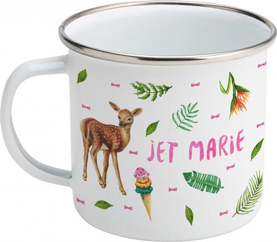 Emaille mok met naam - Giraf konijn hertje - Gepersonaliseerde drinkbeker - kraamcadeau - Dieren in aquarel - Geschilderd door Mies