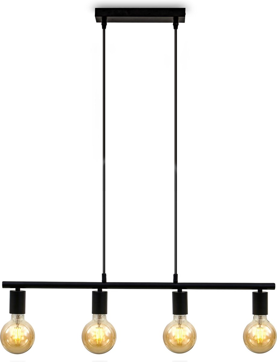 B.K.Licht - Zwarte Hanglamp - metalen - voor binnen - industriële - met 4 lichtpunten - eetkamer - slaapkamer - pendellamp - E27 fitting - excl. lichtbronnen